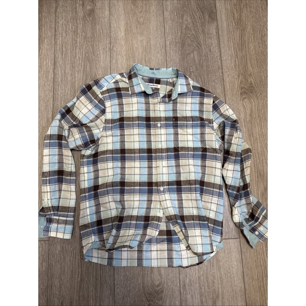 Tommy Bahama Men's Size Medium Plaid Long Sleeve Men's Shirt BLUE BROWN